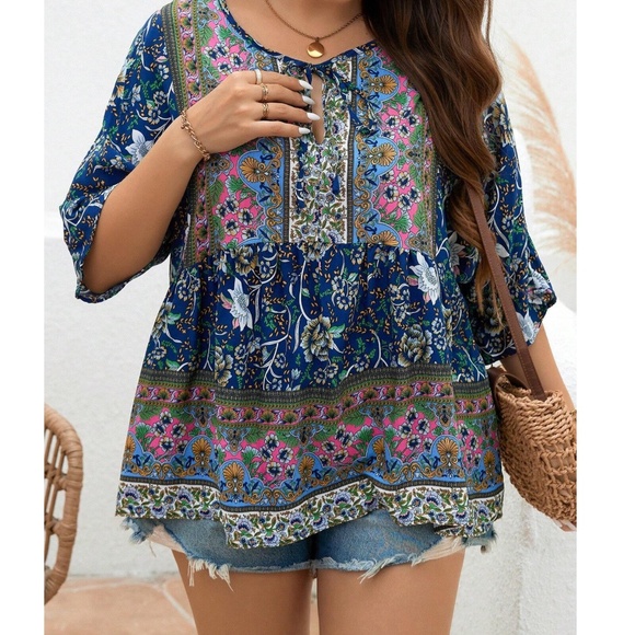 Plus Colorful Floral Print Neck Tie 3/4 Sleeve Blouse - Picture 4 of 11